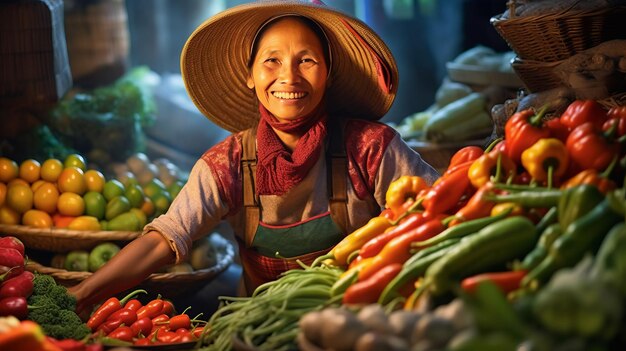 Agricultor asiático com uma rica colheita