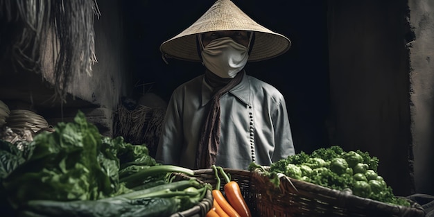 Agricultor asiático confiante com cesta de legumes em retrato vencedor do mercado para concurso Unsplash