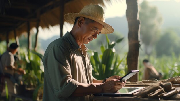 Agricultor asiático em um campo de milho crescendo usando um tablet digital para analisar a colheita