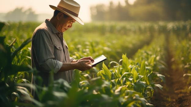 Agricultor asiático em um campo de milho crescendo usando um tablet digital para revisar a colheita