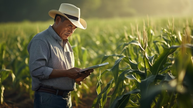 Agricultor asiático em um campo de milho crescendo usando um tablet digital para revisar a colheita