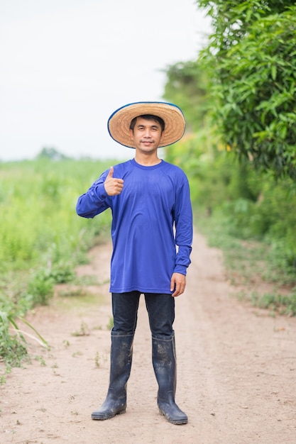 Agricultor asiático usa camiseta azul e chapéu em pé com o polegar para cima na fazenda