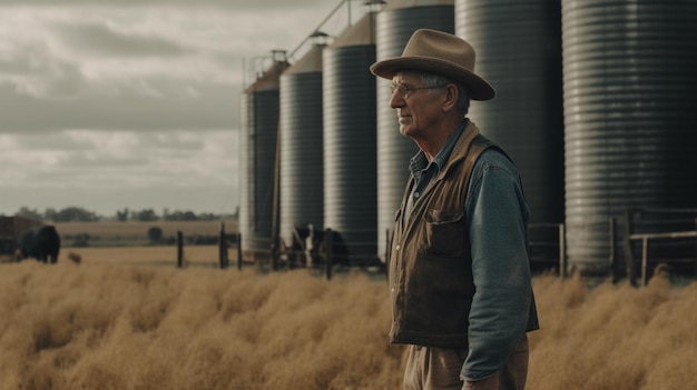 Un agricultor desde atrás mirando su plantación