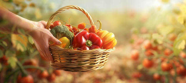 Agricultor biológico apresentando um cesto de legumes frescos em um fundo de fazenda desfocado