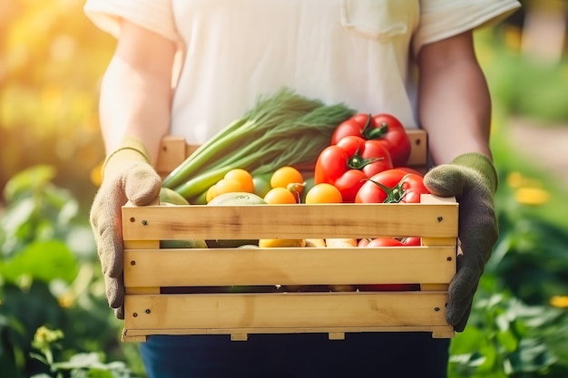 Agricultor con caja de verduras frescas ai generativo.