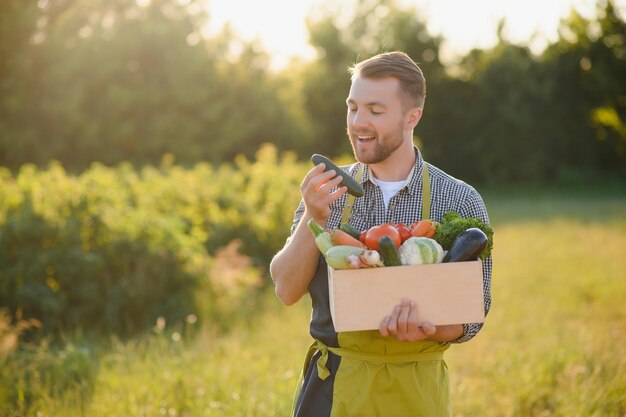 Un agricultor con una caja de verduras frescas camina por su campo Alimentación saludable y verduras frescas