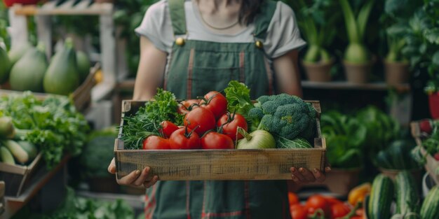 Agricultor con una caja de verduras en las manos IA generativa
