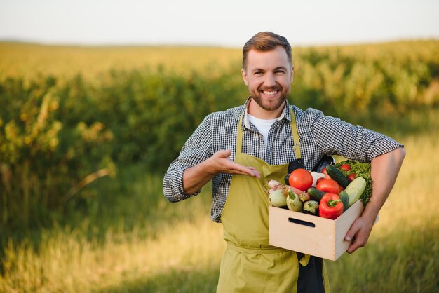 Agricultor con caja de verduras orgánicas