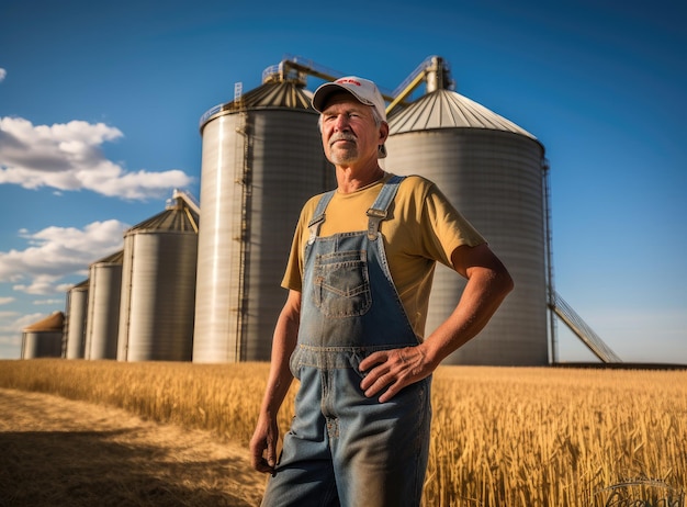 Agricultor caminando a lo largo de silos en un campo soleado creado con tecnología de IA generativa