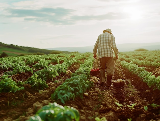 Agricultor caminhando em um campo de legumes