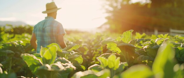 Agricultor caminhando pelos campos ao pôr-do-sol inspecionando colheitas frescas