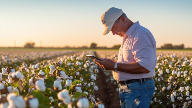 Agricultor en un campo de algodón