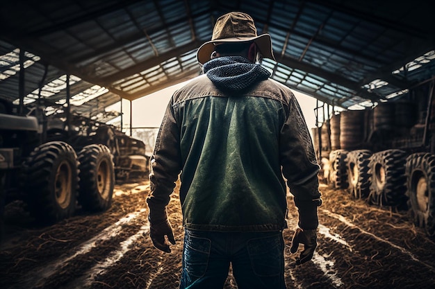 Agricultor en el campo en la naturaleza granja o gestión de la industria de la agricultura alimentaria en la IA generativa del campo del sol