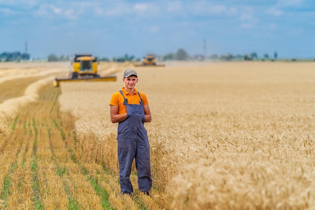 Agricultor en campo de trigo con cosechadora de trabajo en el cielo azul de fondo arriba