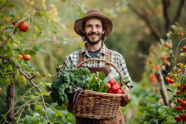 Agricultor con una canasta de verduras frescas cultivadas en casa en las manos Agricultura ecológica agricultura de jardinería