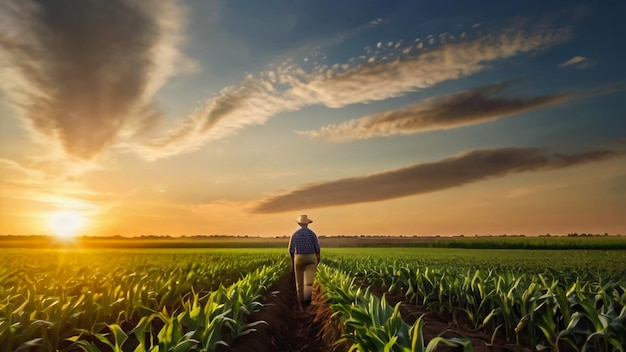 Agricultor cansado e exausto de pé em um campo de sorgo cultivado olhando para as colheitas em seu suor