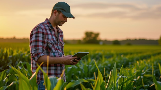 Agricultor caucásico moderno en un campo de maíz usando una tableta digital para revisar la cosecha y el rendimiento del cultivo