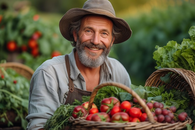 Agricultor cesta frutas frescas verduras alimentos saludables cosecha en verano trabajo en una granja o en un jardín