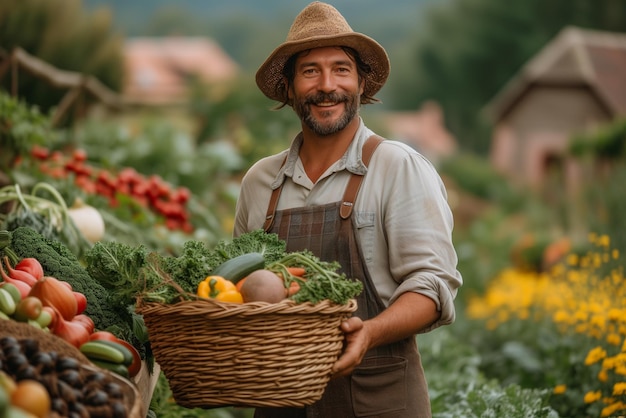 Agricultor cesta frutas frescas verduras alimentos saludables cosecha en verano trabajo en una granja o en un jardín