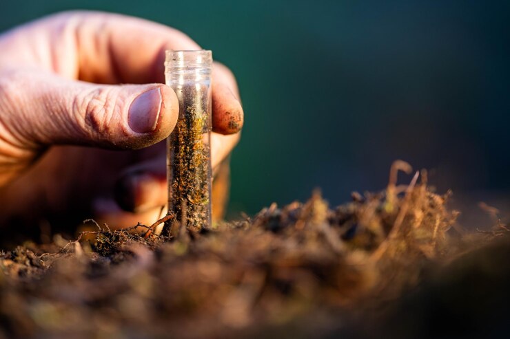 Foto agricultor coletando amostras de solo em um tubo de ensaio em um campo agronomo verificando o carbono do solo e a saúde das plantas em uma fazenda em um campo