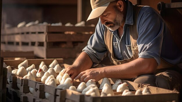 Agricultor coletando ovos frescos de caixas de nidificação