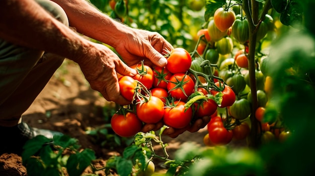 Agricultor colhe tomates com as mãos Alimentos de IA generativa