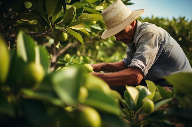 Agricultor colhendo frutas em um campo Colheita e conceito agrícola