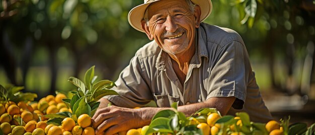 Agricultor colhendo frutas radiante com a colheita