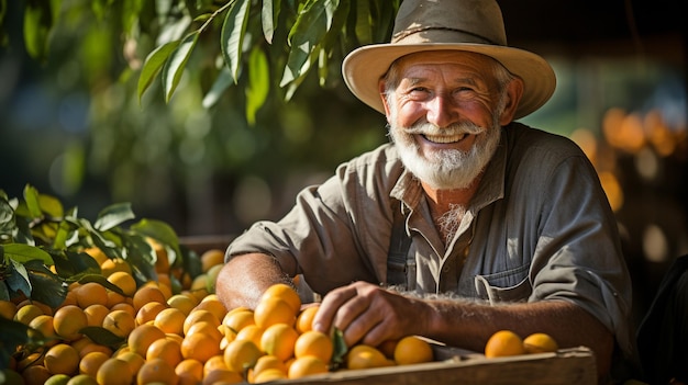 Agricultor colhendo frutas radiante com a colheita