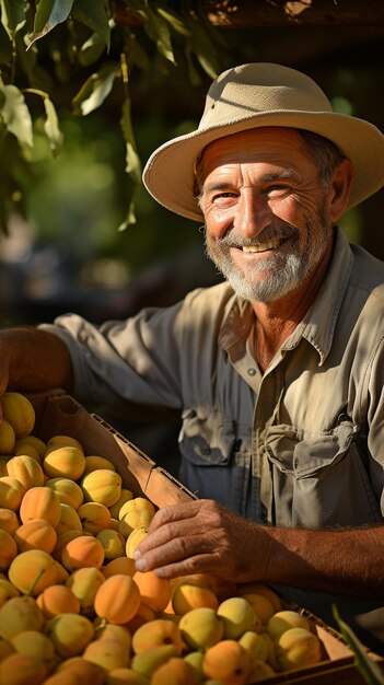Agricultor colhendo frutas radiante com a colheita