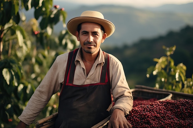 Agricultor colombiano de café com a colheita