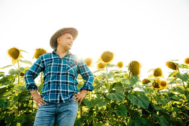 Agricultor com as mãos na cintura e chapéu na cabeça no campo de girassóis homem em um dia ensolarado de verão