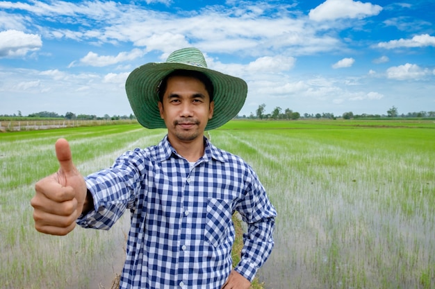 Agricultor, com, barba branca, polegar cima, asiático, homem, ficar, em, um, camisa, e, olhando câmera