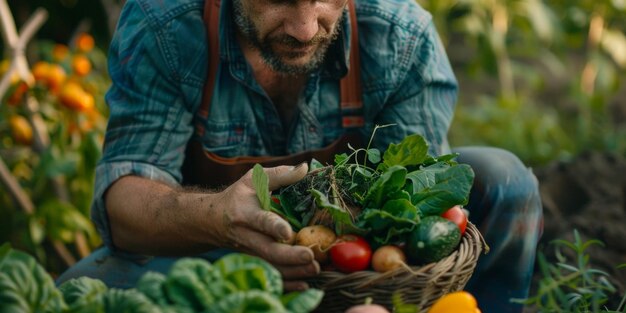 Foto agricultor com legumes nas mãos ia geradora