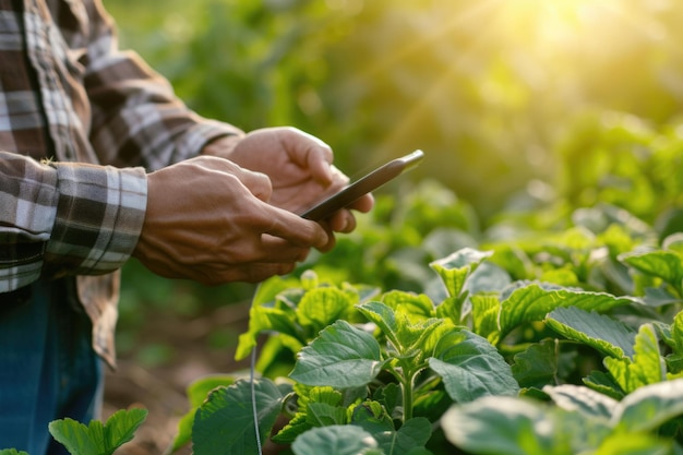 Agricultor com um smartphone para usar tecnologia agrícola inteligente