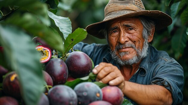 Foto agricultor comprobando la madurez del papel tapiz de la fruta de la pasión