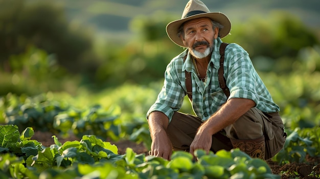 Agricultor contemplativo admirando as colheitas Um conceito de imagem comovente Agricultura da fazenda Contemplação das colheitas Retrato