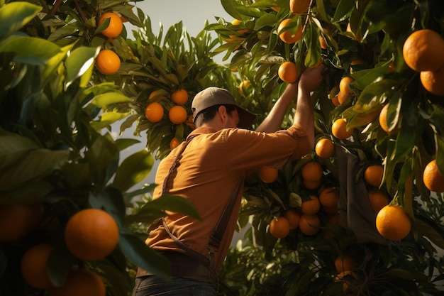 Agricultor durante la cosecha de naranjas