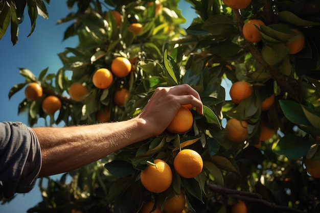 Agricultor durante la cosecha de naranjas
