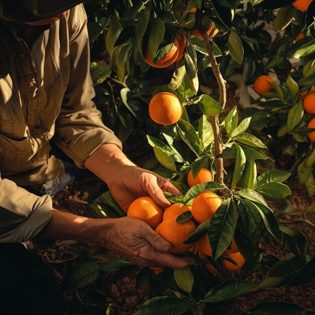 Foto agricultor durante la cosecha de naranjas