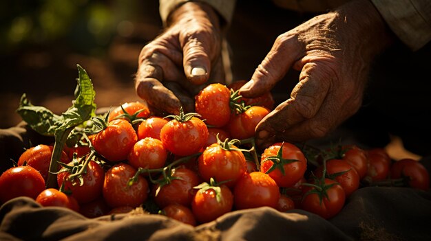 El agricultor cosecha tomates