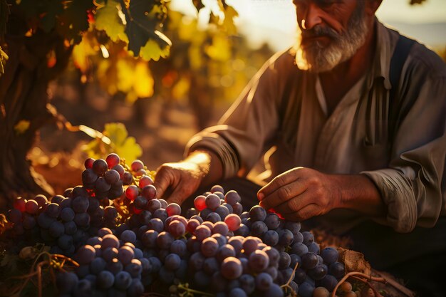 el agricultor cosecha uvas