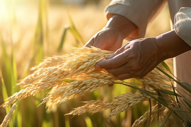 agricultor cosechando arroz en el campo de arroz fondo de estilo bokeh