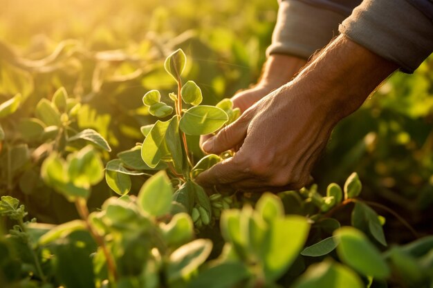 agricultor cosechando soja en el campo de soja fondo de estilo bokeh