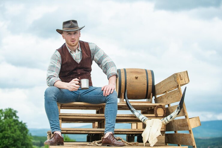 Foto agricultor cowboy segura xícara de café ou chá vida ocidental país americano retrato masculino proprietário de fazenda trabalhador i