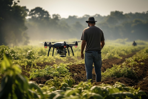 Agricultor cualificado cuidando cultivos en un campo rural Drone volando en el campo