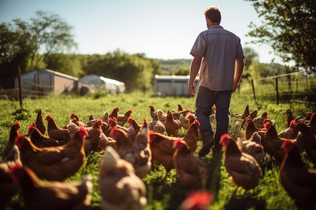 agricultor cuida de galinhas criadas soltas em um ambiente agrícola verde e ecológico