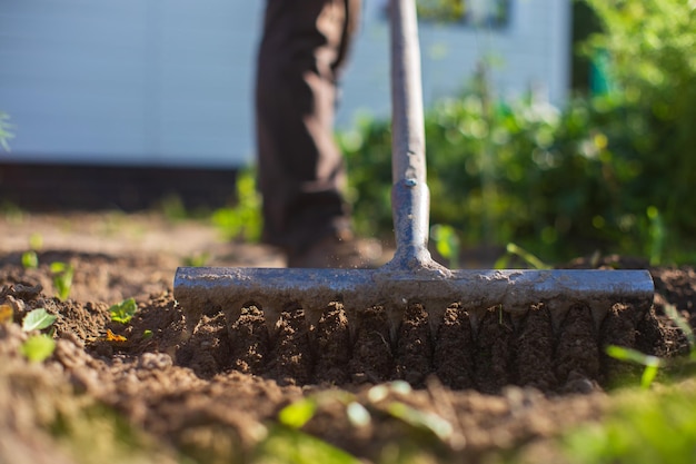 Agricultor cultivando tierra en el jardín con herramientas manuales Aflojamiento del suelo Concepto de jardinería Trabajo agrícola en la plantación