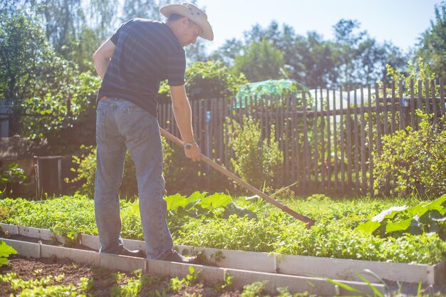 Foto agricultor cultivando la tierra en el jardín con herramientas manuales aflojamiento del suelo concepto de jardinería trabajo agrícola en la plantación