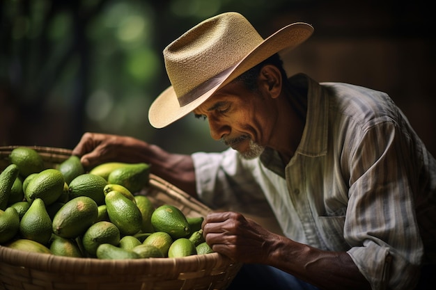 Agricultor de chapéu cuidando de sua colheita